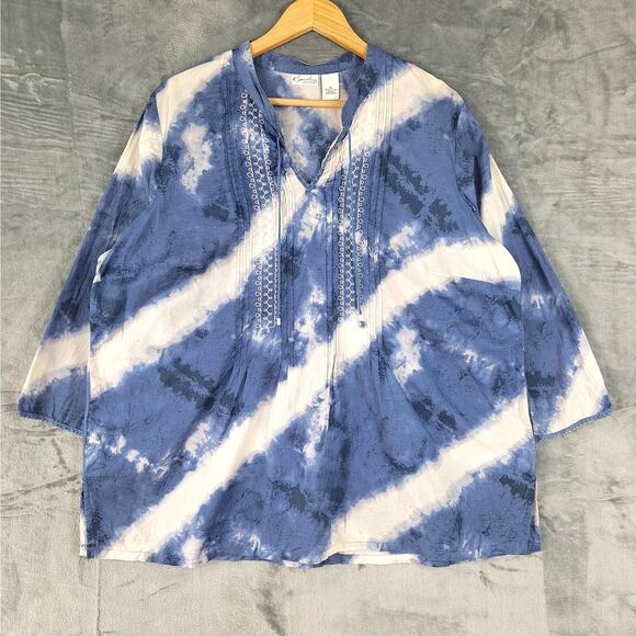 Kim Rogers Tops - Womens Top 1X Blue Tie Dye Boho‎ Peasant Retro Embroidered Casual Artsy Hippie